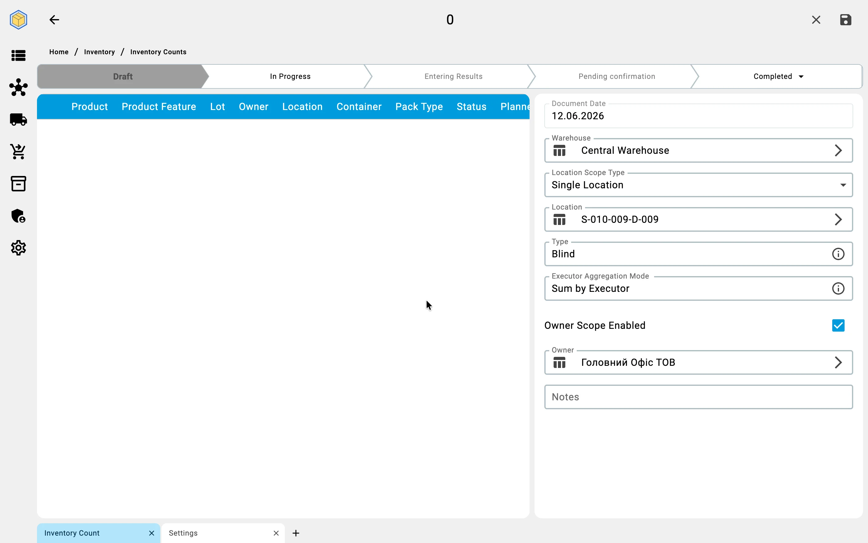 New count — Single Location scope, Blind type, executor aggregation, the owner filter