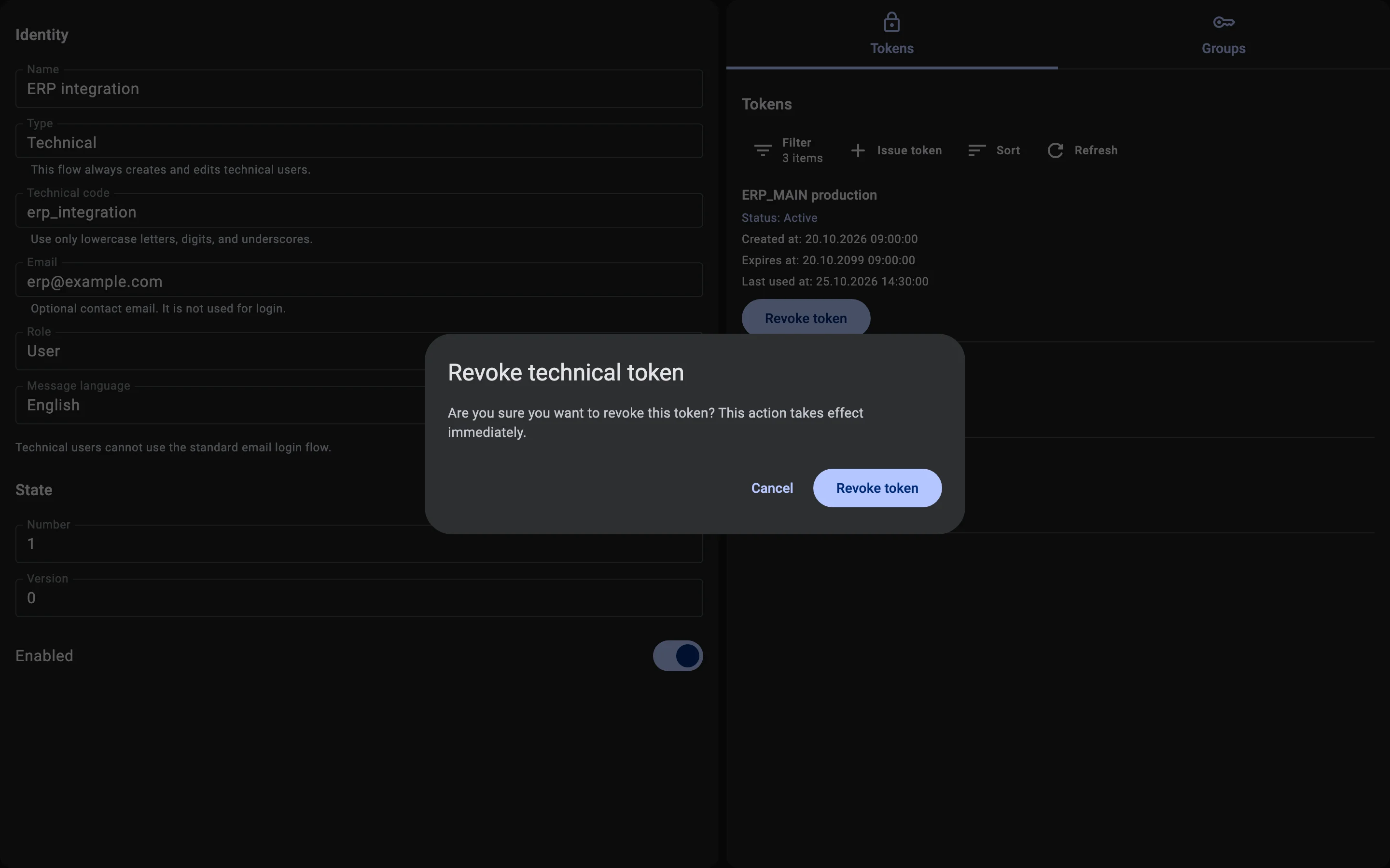 The Revoke technical token confirmation dialog.