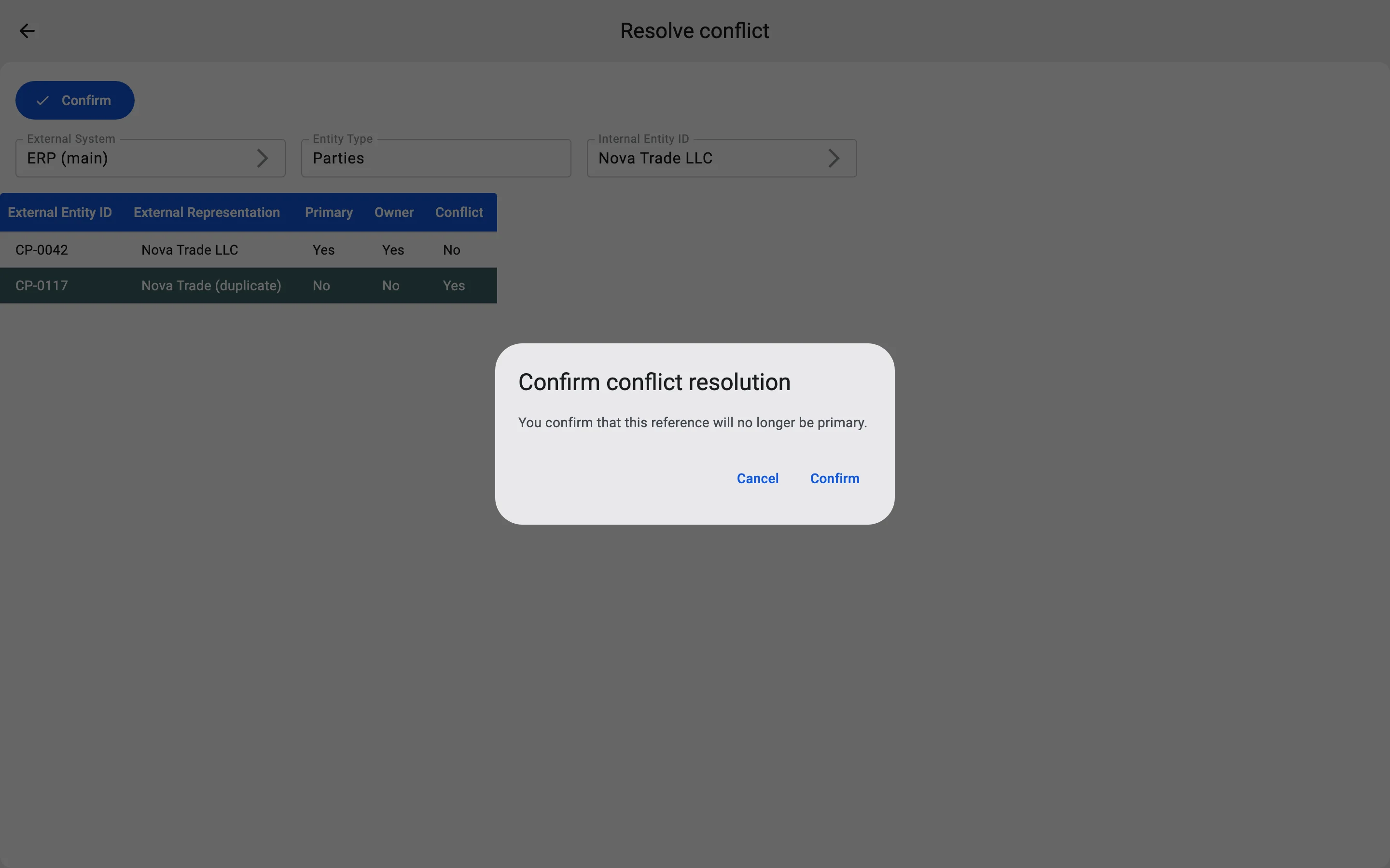 The Confirm conflict resolution dialog over the Resolve conflict screen, with the Confirm and Cancel buttons.