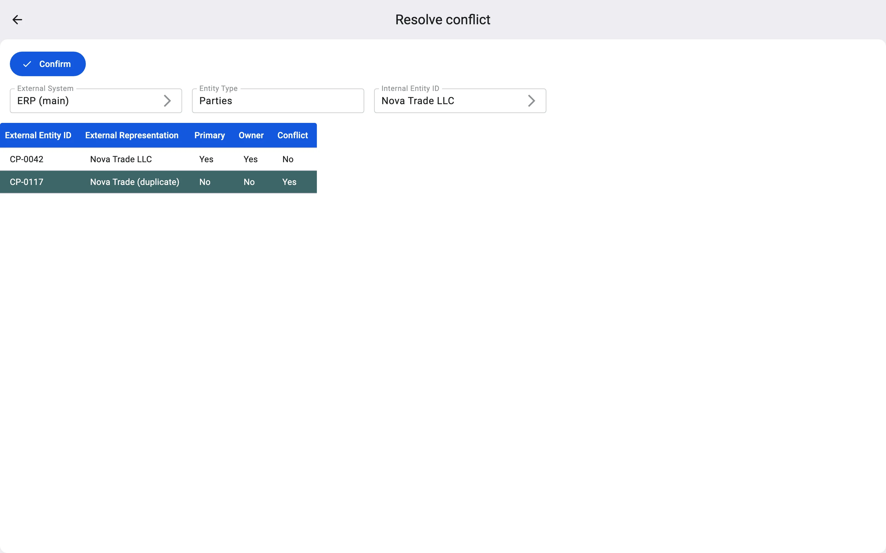 The Resolve conflict screen for the counterparty Nova Trade LLC in ERP (main). The table lists the main code CP-0042, the owner, and the conflicted duplicate CP-0117, which is highlighted.