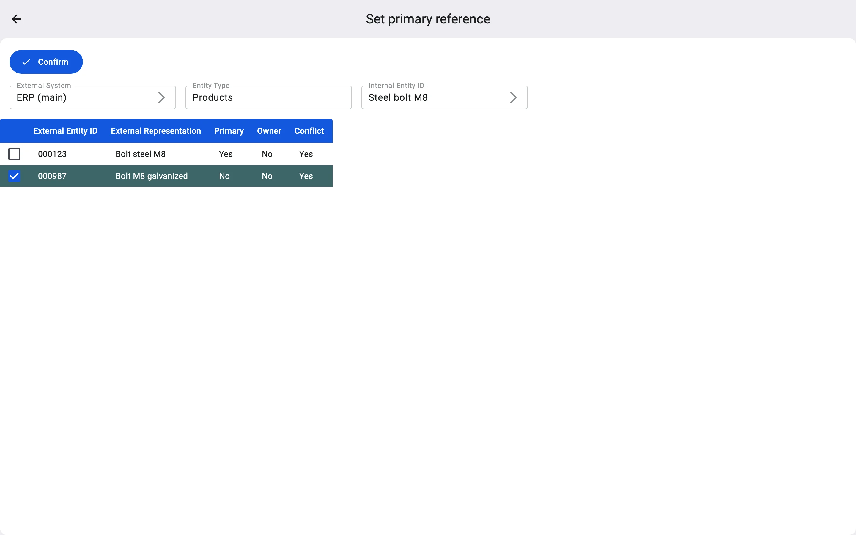 The Set primary reference screen for the product Steel bolt M8 in ERP (main). The table lists the codes 000123 and 000987, both with a conflict. 000987 is ticked.