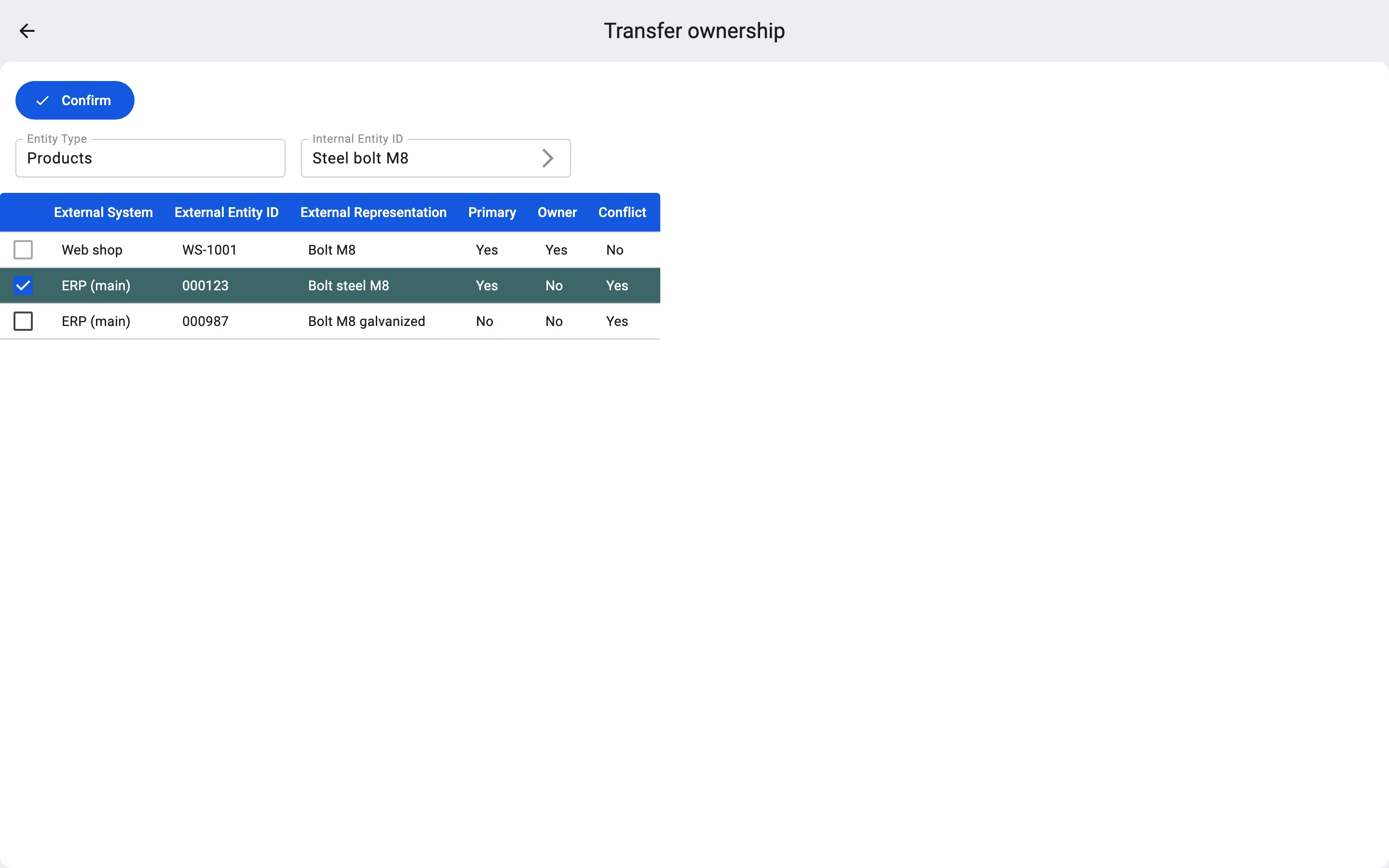 The Transfer ownership screen for the product Steel bolt M8. The table lists the web shop code WS-1001, the current owner, and the ERP (main) codes 000123 and 000987. 000123 is ticked.