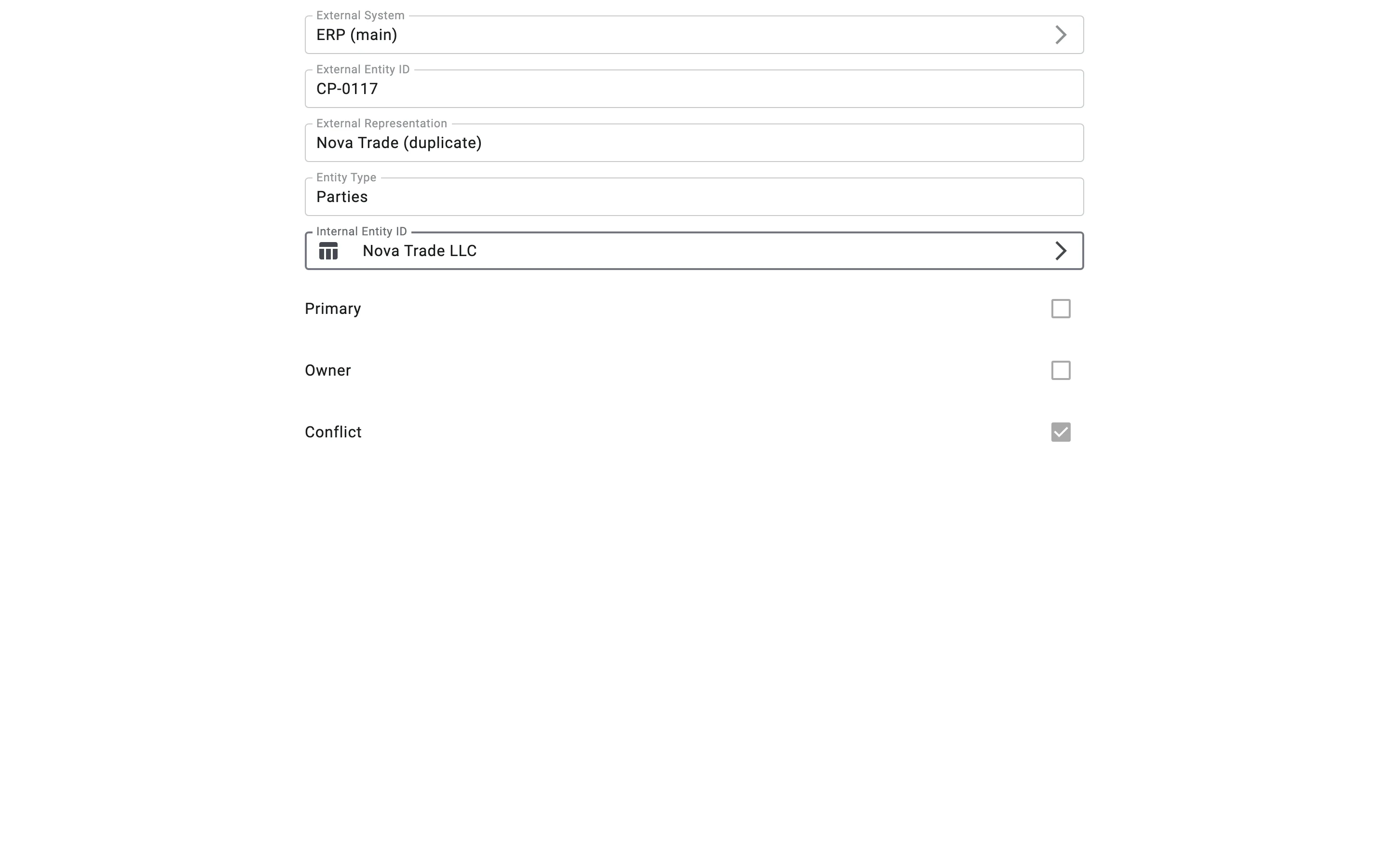The external reference CP-0117 of ERP (main) in edit mode. The Internal Entity ID field shows Nova Trade LLC and can be changed.
