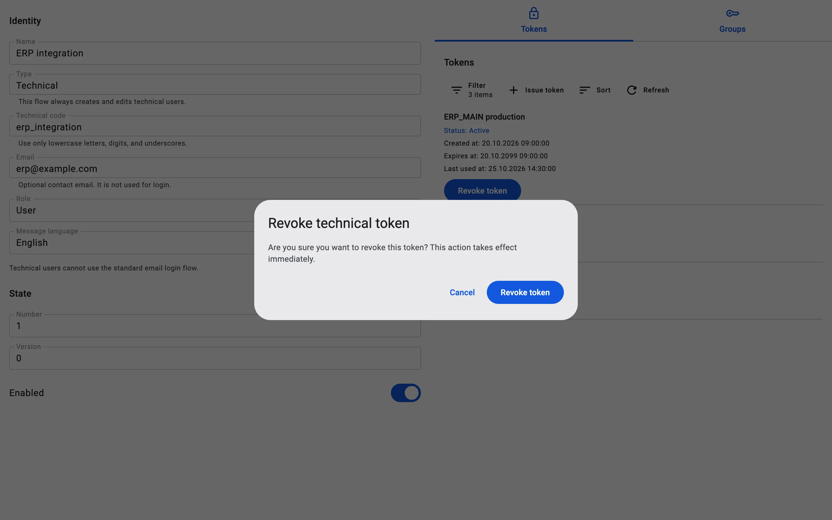 The Revoke technical token confirmation dialog.
