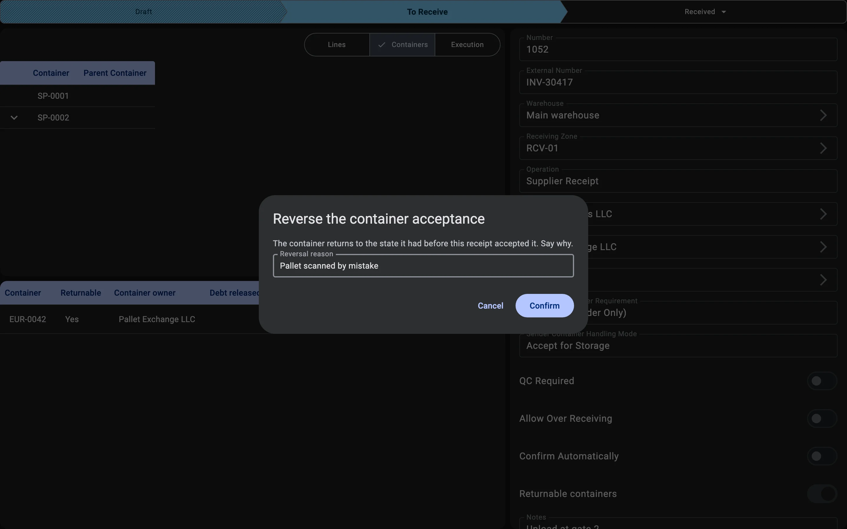 The Reverse the container acceptance dialog with its explanation, the Reversal reason field, Confirm and Cancel
