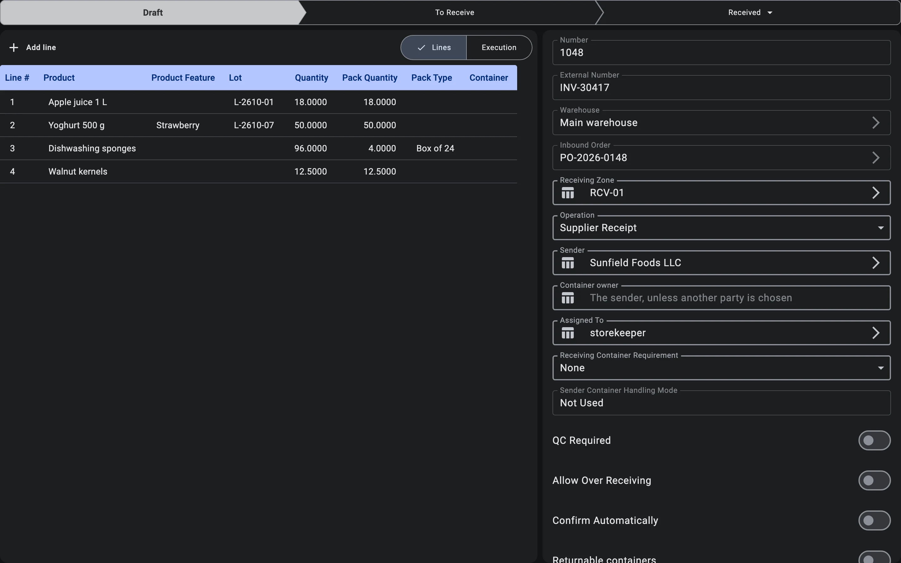 The options section of the receipt form: Receiving Container Requirement above Sender Container Handling Mode
