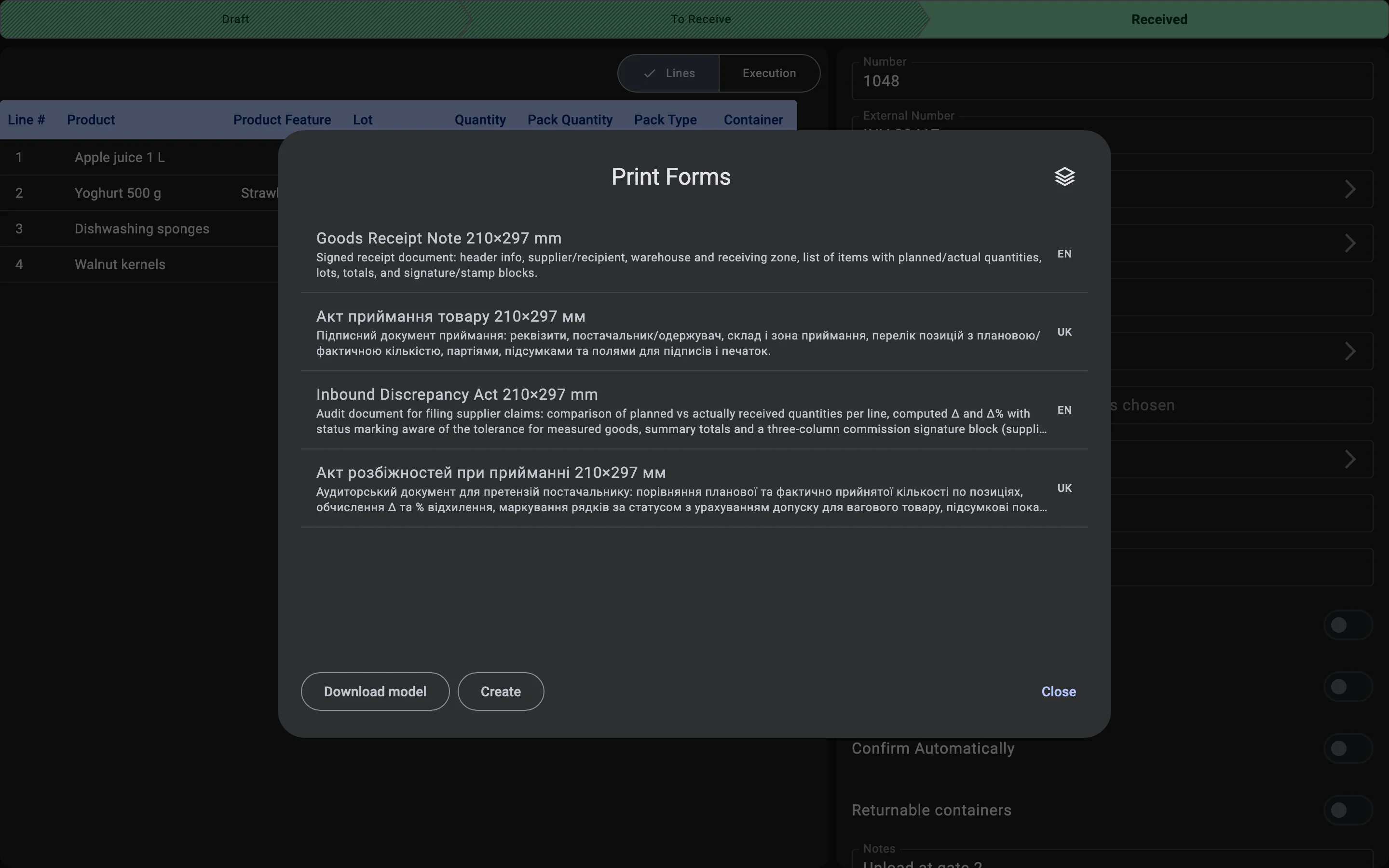 The Print Forms dialog with the print forms available for the receipt