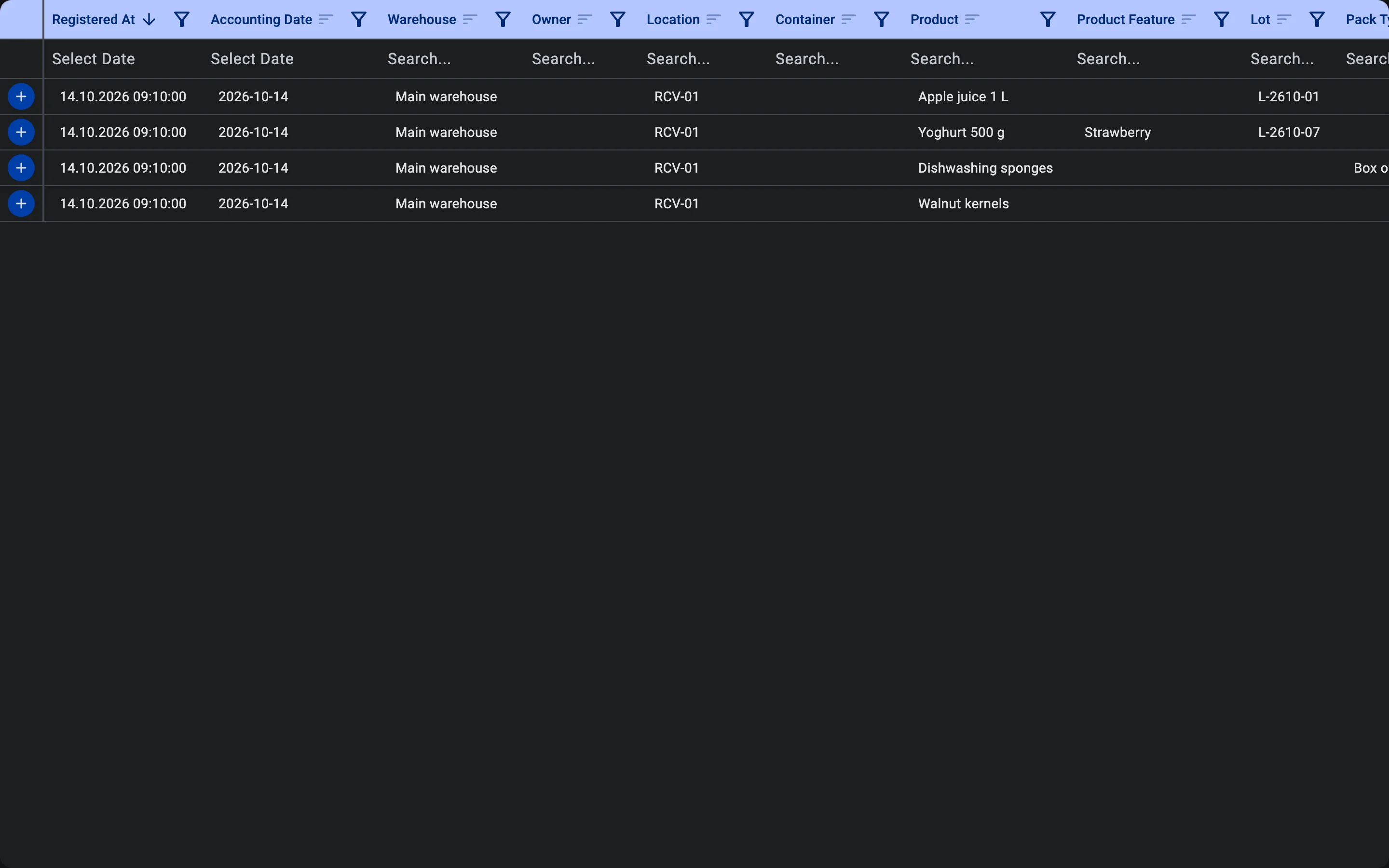 The stock ledger listing the movements made by the receipt