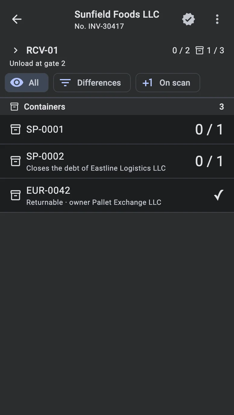 The receipt on the terminal with containers showing Returnable · owner … and Closes the debt of … under their codes