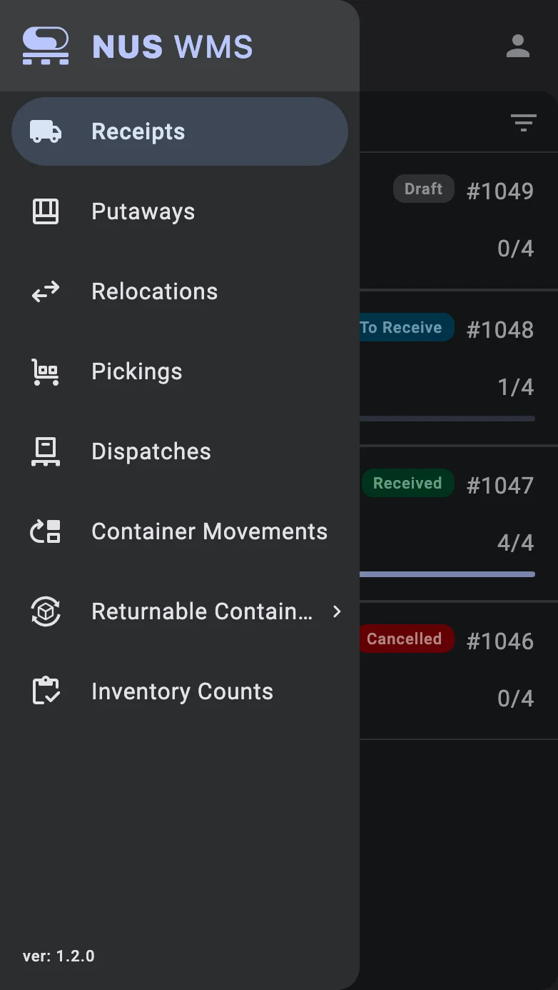 The side-drawer menu over the receipt list, with the Receipts entry for picking up the next document