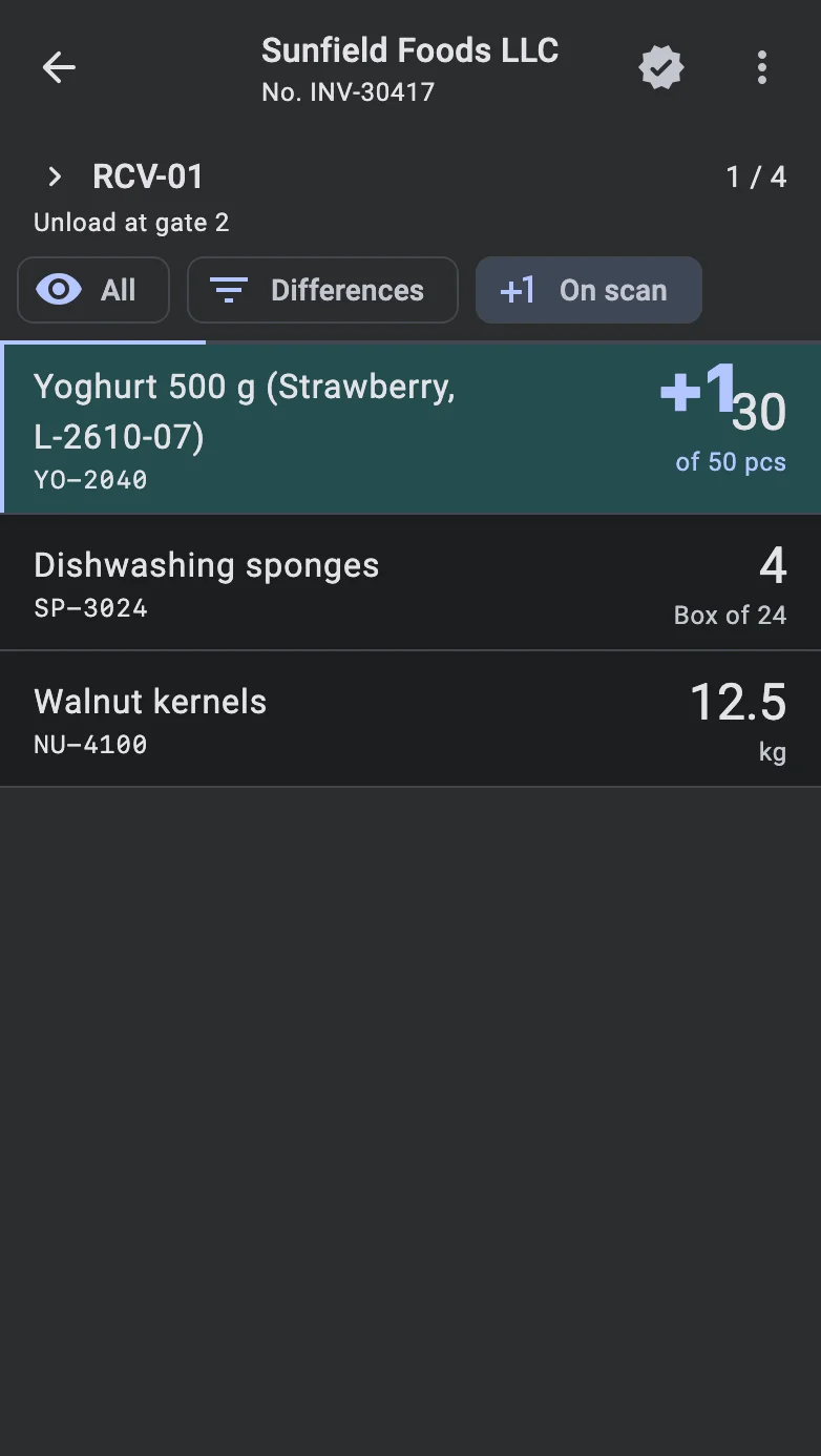 The line list with the On scan chip lit and the +1 animation over a row