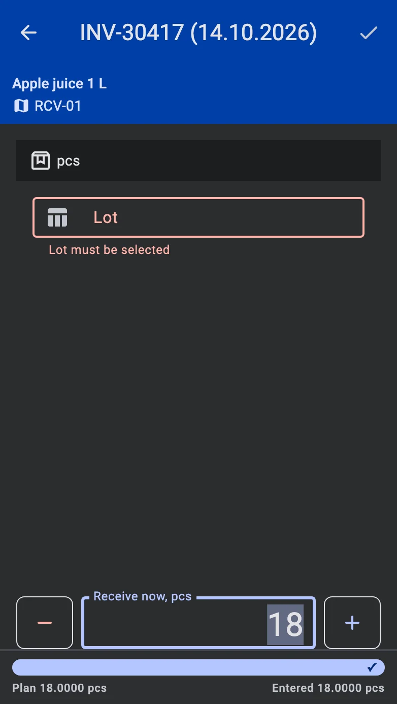 The fact screen with a required field left empty and marked in red