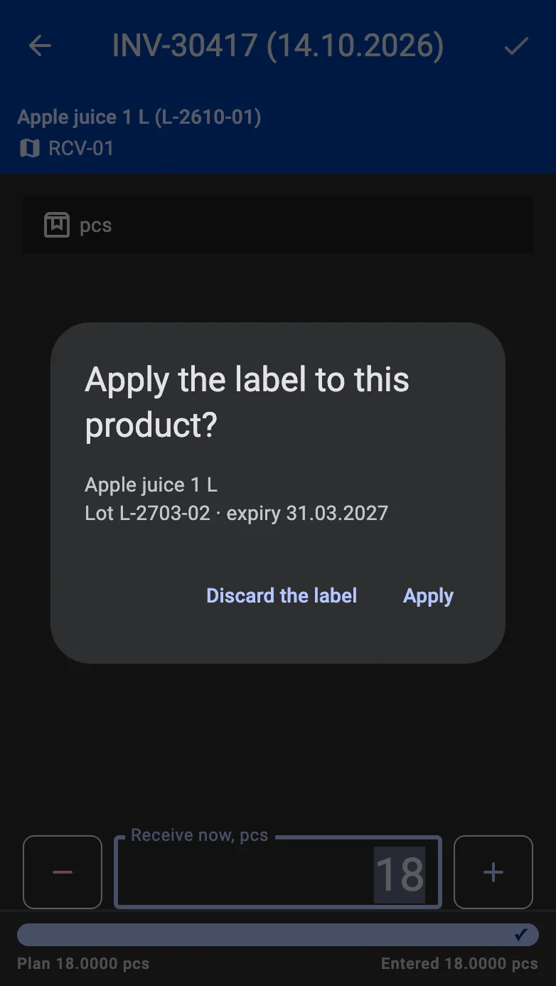 The Apply the label to this product? dialog with the product name, the label lot and dates, Apply and Discard the label