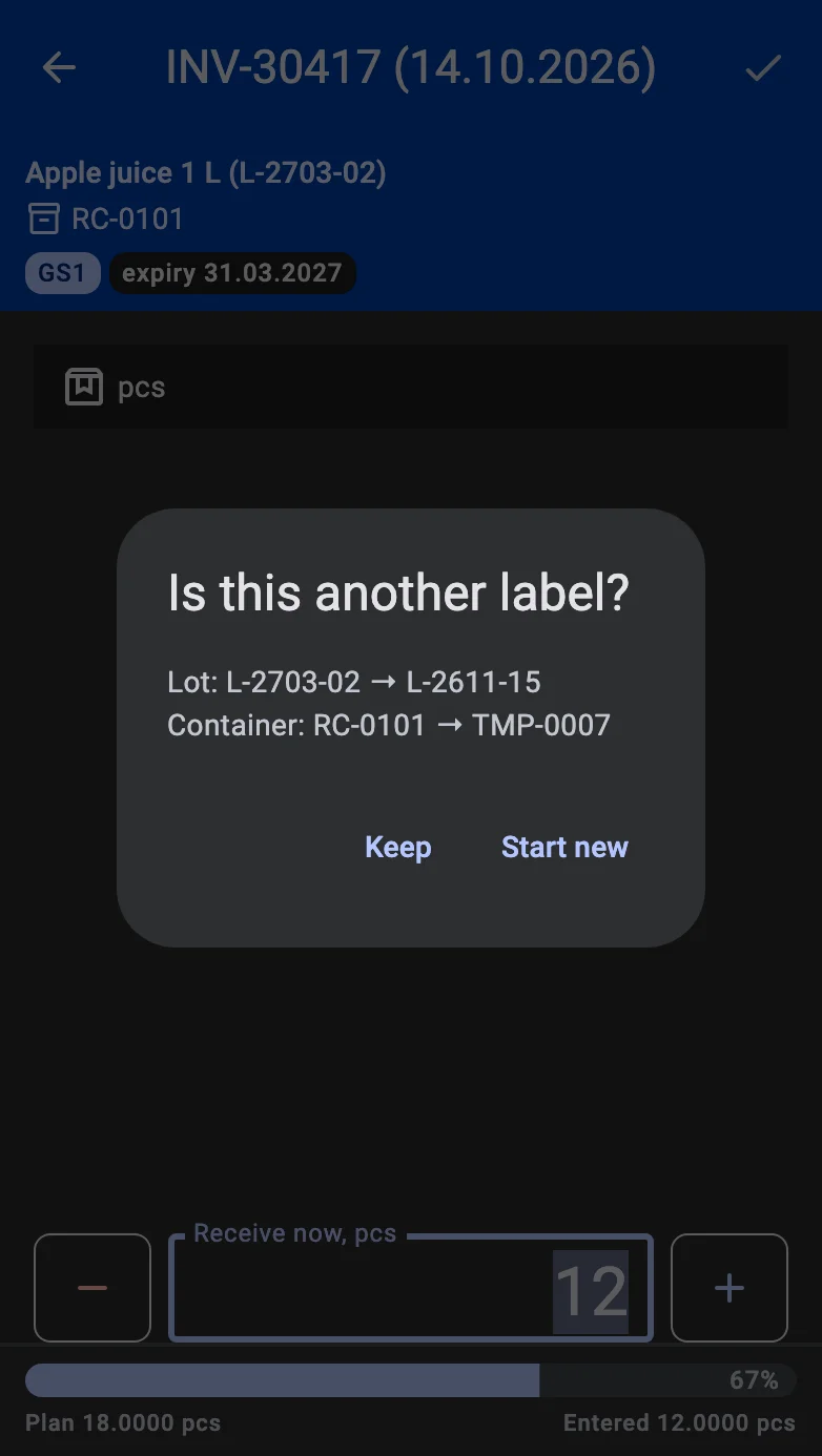 The Is this another label? dialog listing what differs, with Start new and Keep