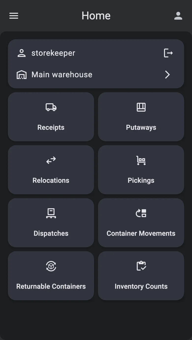 The PDT home screen: the tile grid with the Receipts tile