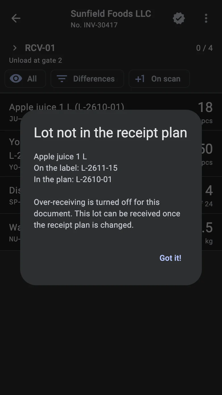 The same dialog with over-receiving turned off and the single Got it! button