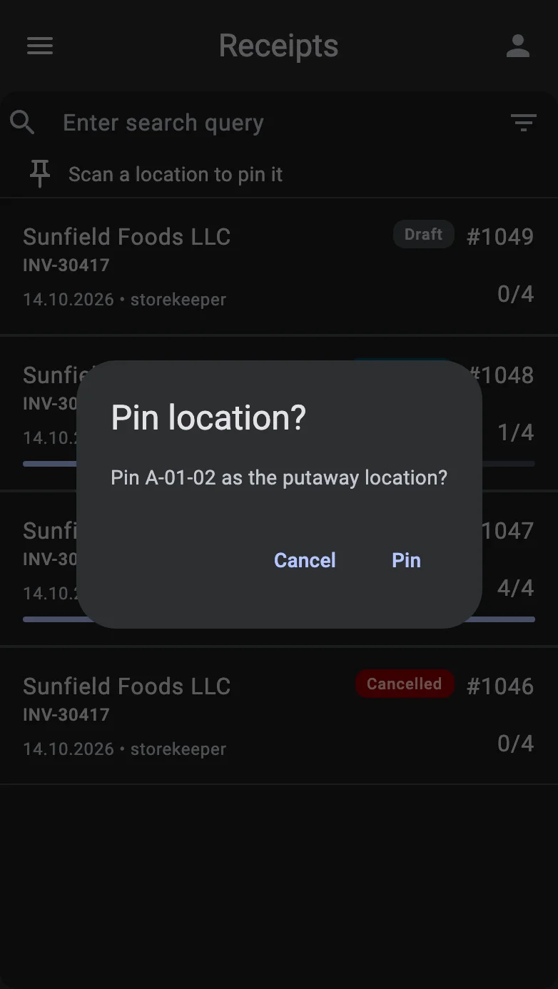The Pin location? dialog with the scanned location code and the Pin and Cancel buttons