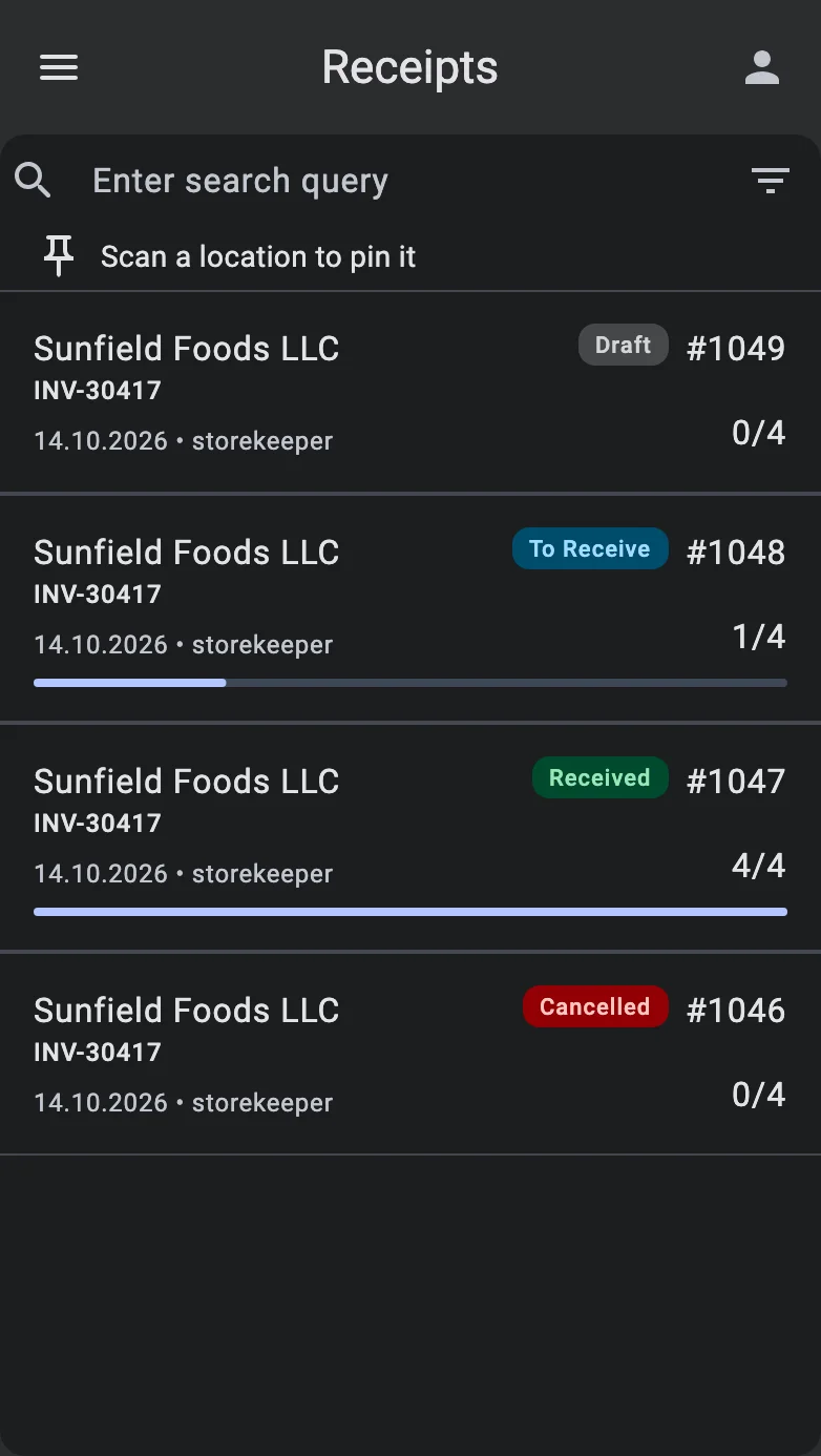 The receipt list with the empty pinned location line asking to scan a location