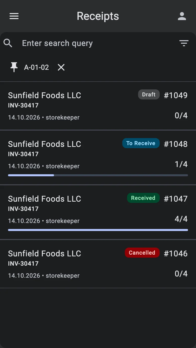 The receipt list with a location pinned: its code and the Unpin cross