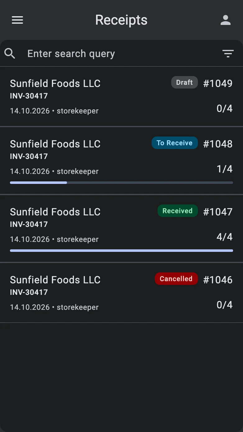 The receipt list: the search bar, the sort and filter bar and the receipt rows