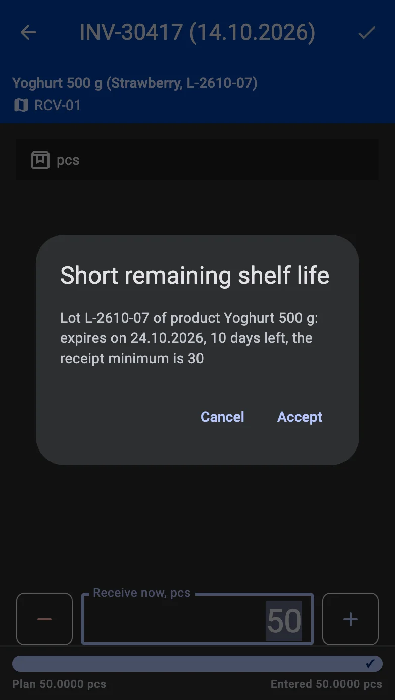 The Short remaining shelf life dialog for a user with the right: the lot, product, expiry date, days left and the receipt minimum, with Accept and Cancel