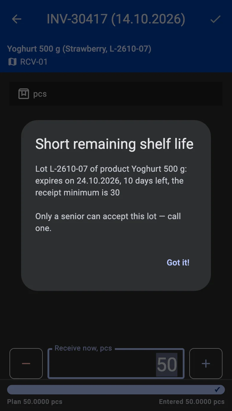 The same dialog for a user without the right: the request to call a senior and a single Got it! button