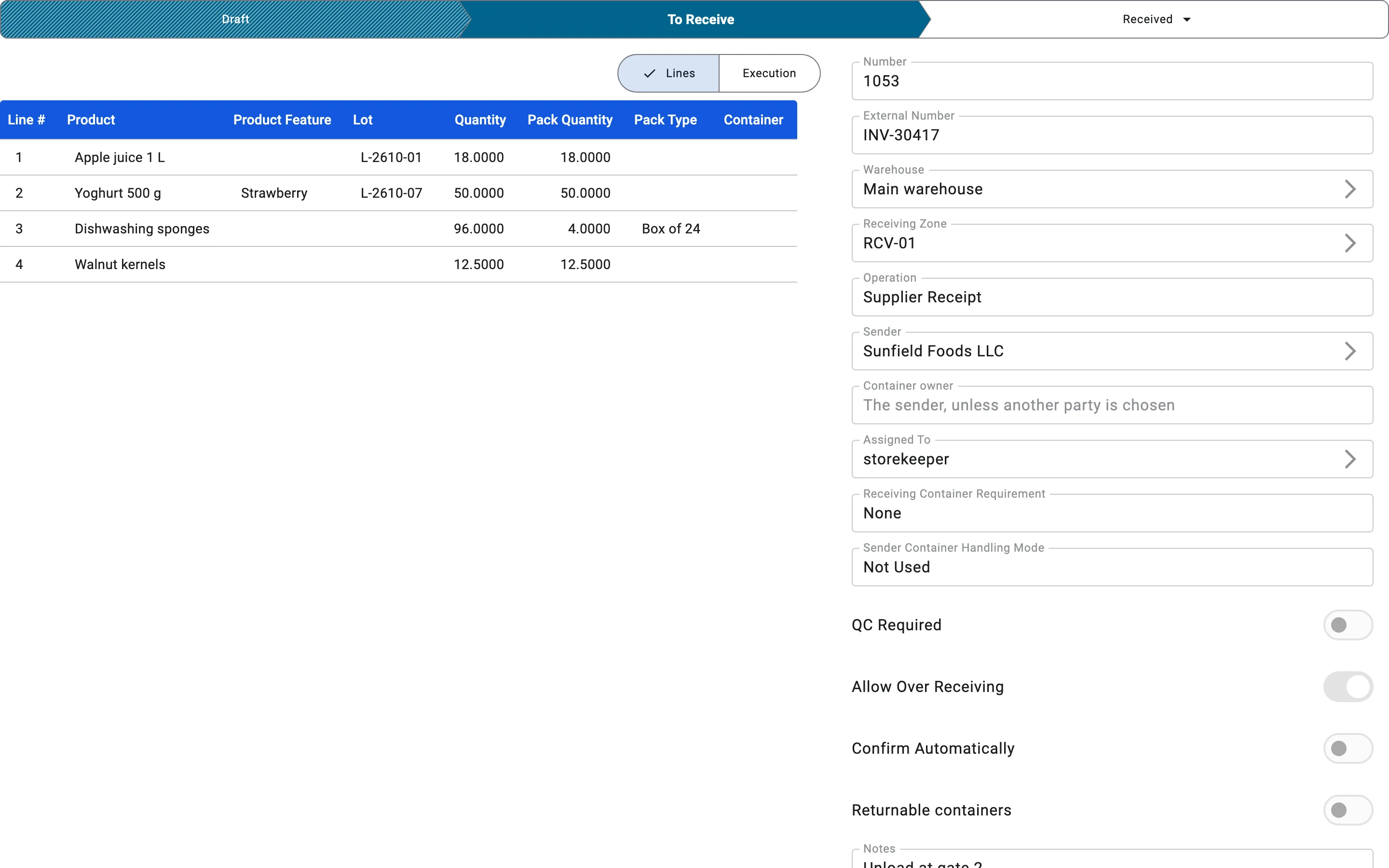The options section of the receipt form with the Allow Over Receiving switch on