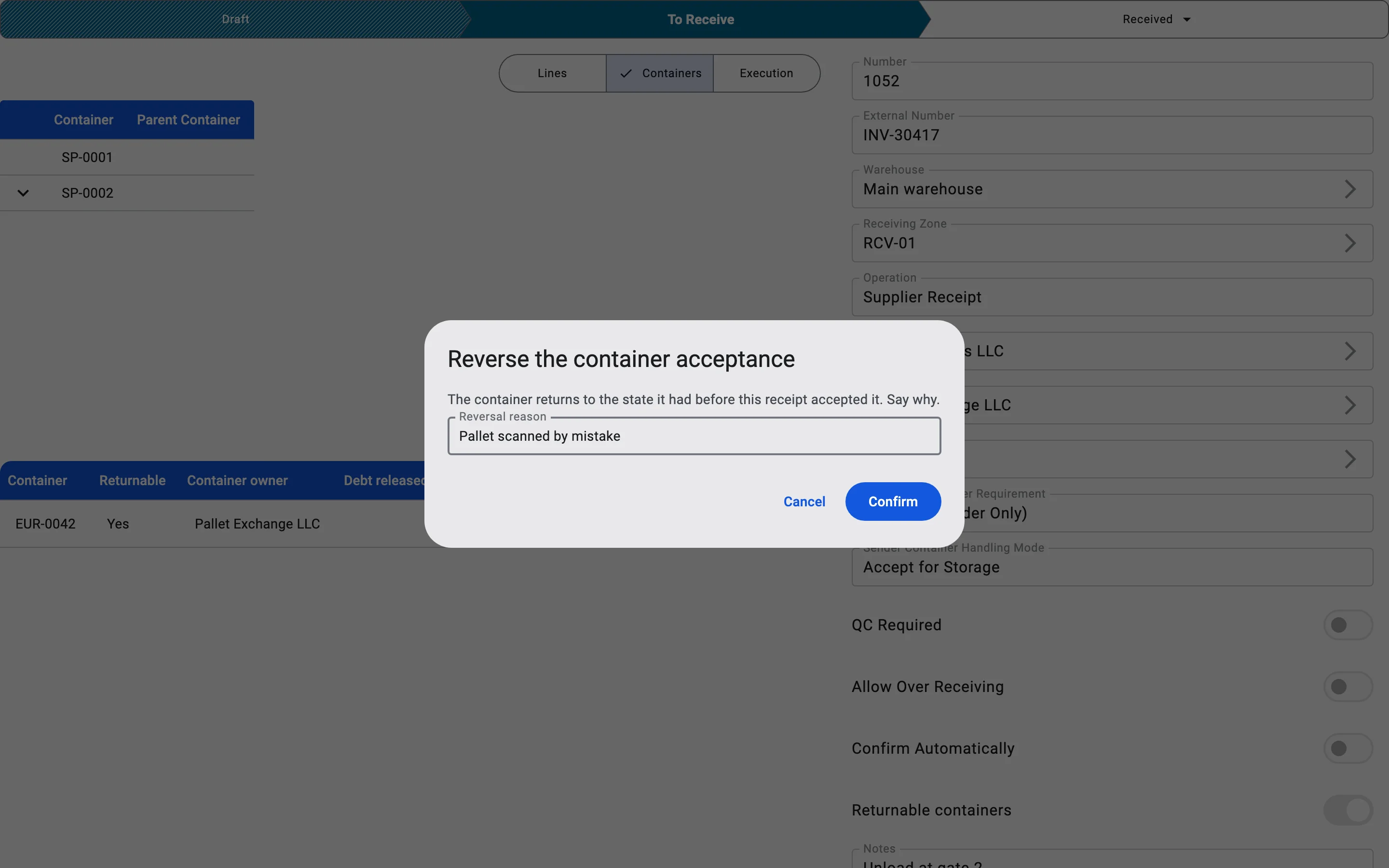 The Reverse the container acceptance dialog with its explanation, the Reversal reason field, Confirm and Cancel