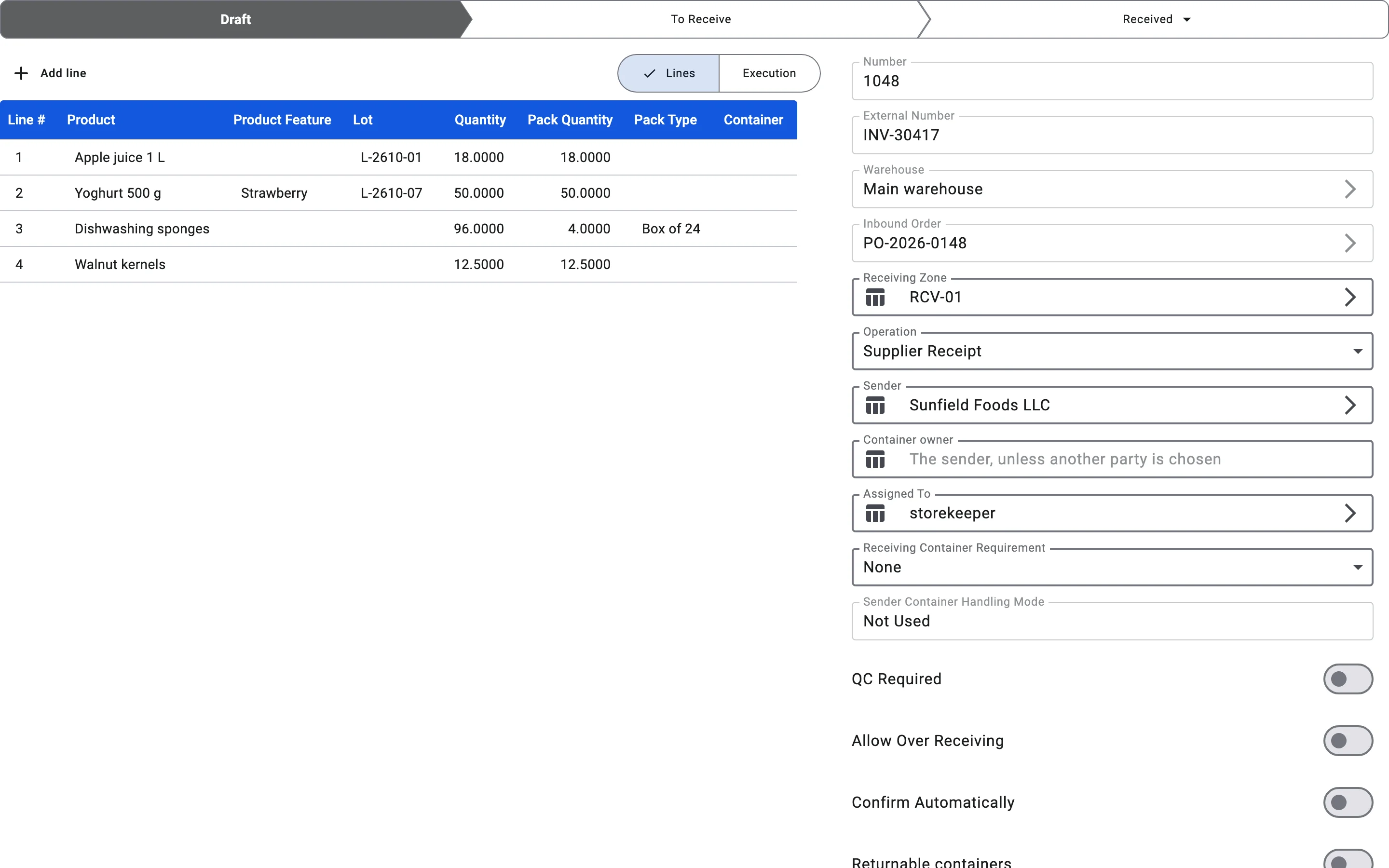 The options section of the receipt form: Receiving Container Requirement above Sender Container Handling Mode