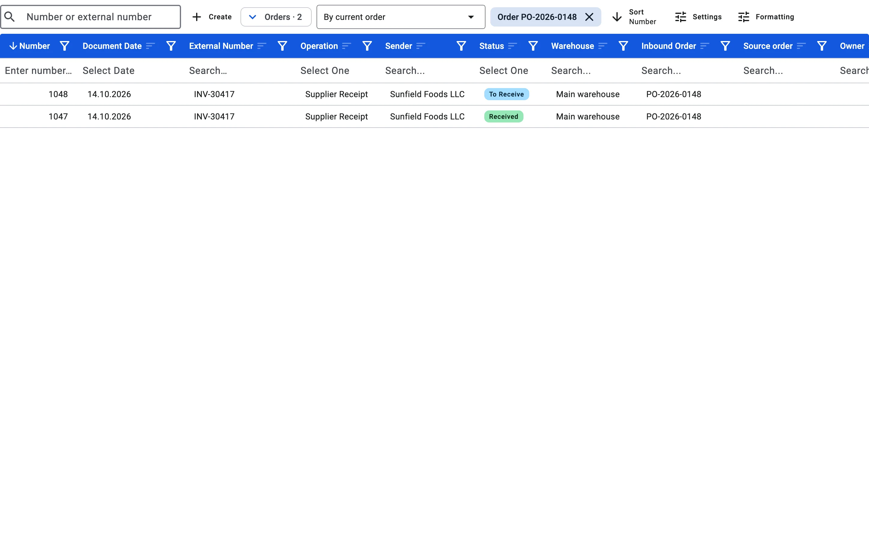 The receipt list narrowed to one order: By current order chosen in the list filter and the Order chip next to it