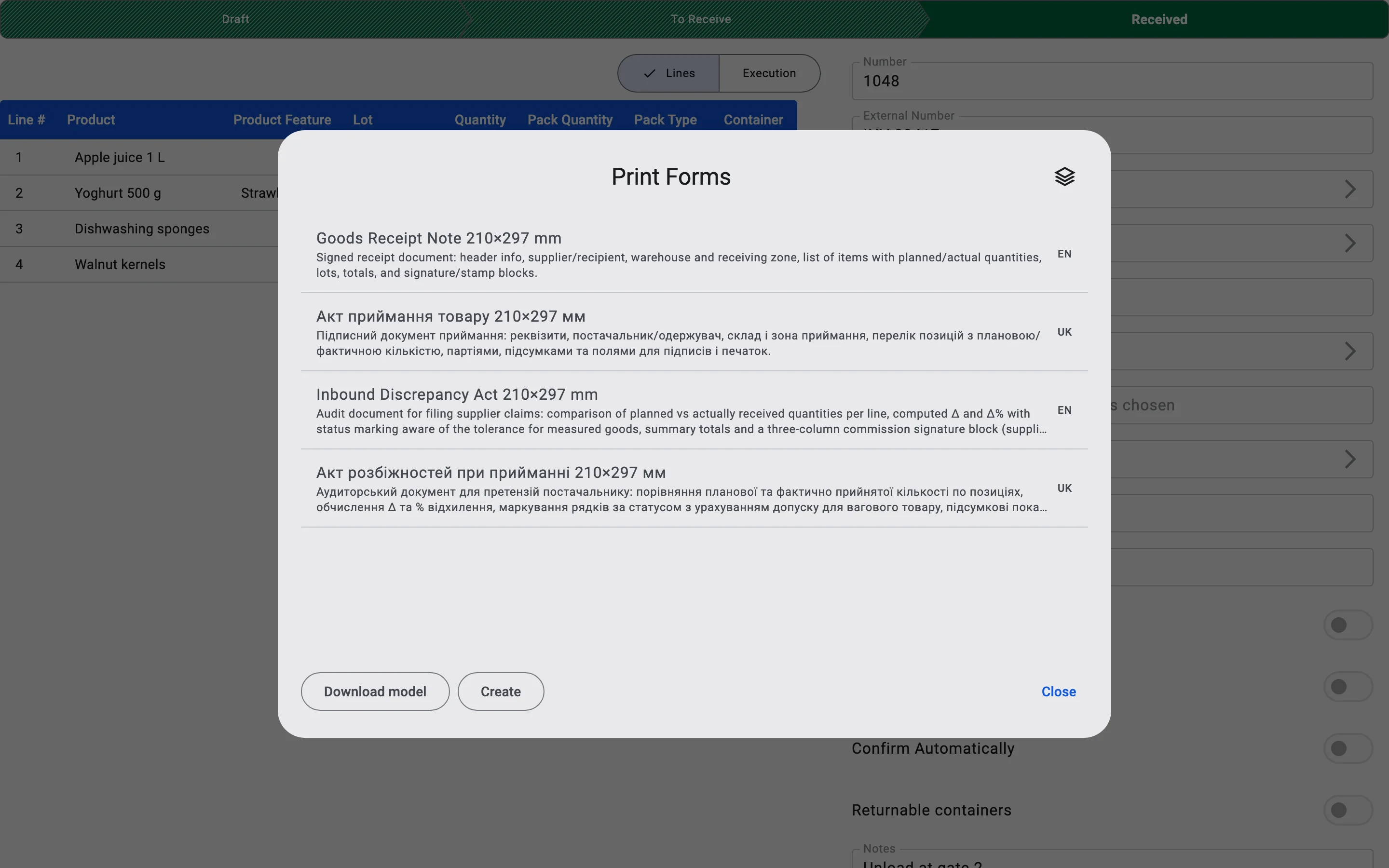 The Print Forms dialog with the print forms available for the receipt