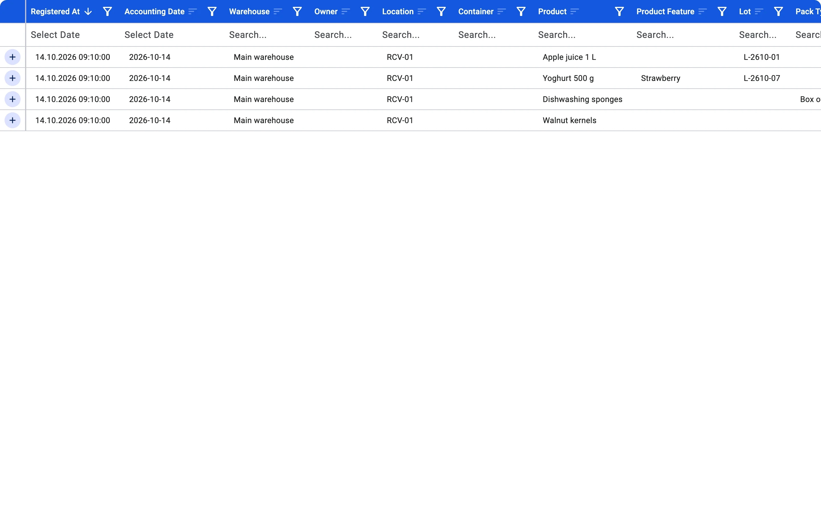 The stock ledger listing the movements made by the receipt