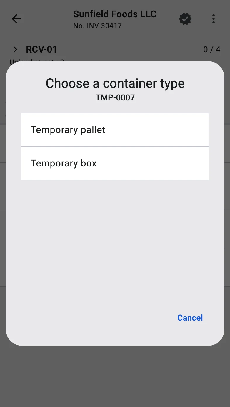 The Choose a container type dialog listing two temporary types that match the scanned code