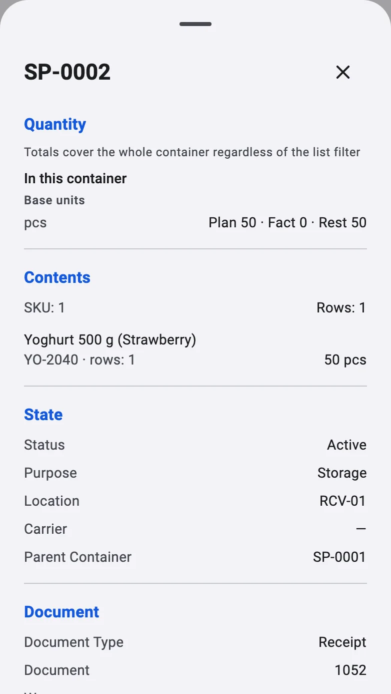 The container information card with the Quantity, Contents and State sections