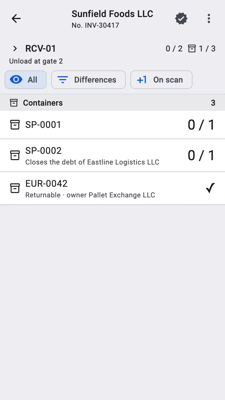 The receipt on the terminal with containers showing Returnable · owner … and Closes the debt of … under their codes