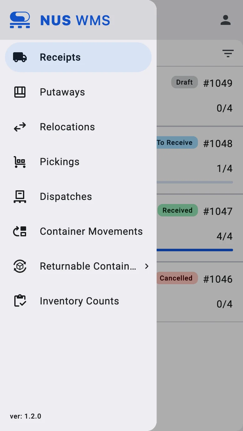 The side-drawer menu over the receipt list, with the Receipts entry for picking up the next document