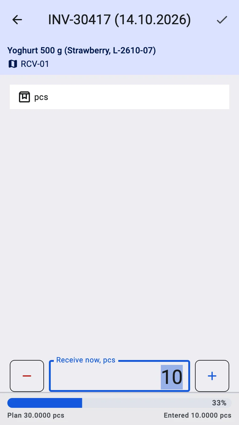 The fact screen opened by a scan: the product with its features and lot on top, the fields card, and the Receive now field filled in with the plan bar under it