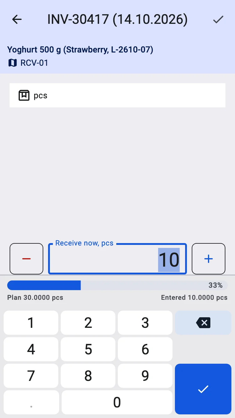 The fact screen with the quantity field focused and the in-app numeric keypad open under it