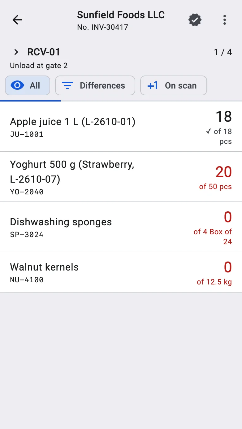 The line list of the receipt with the All, Differences and On scan chips, the lines progress bar and the receipt rows