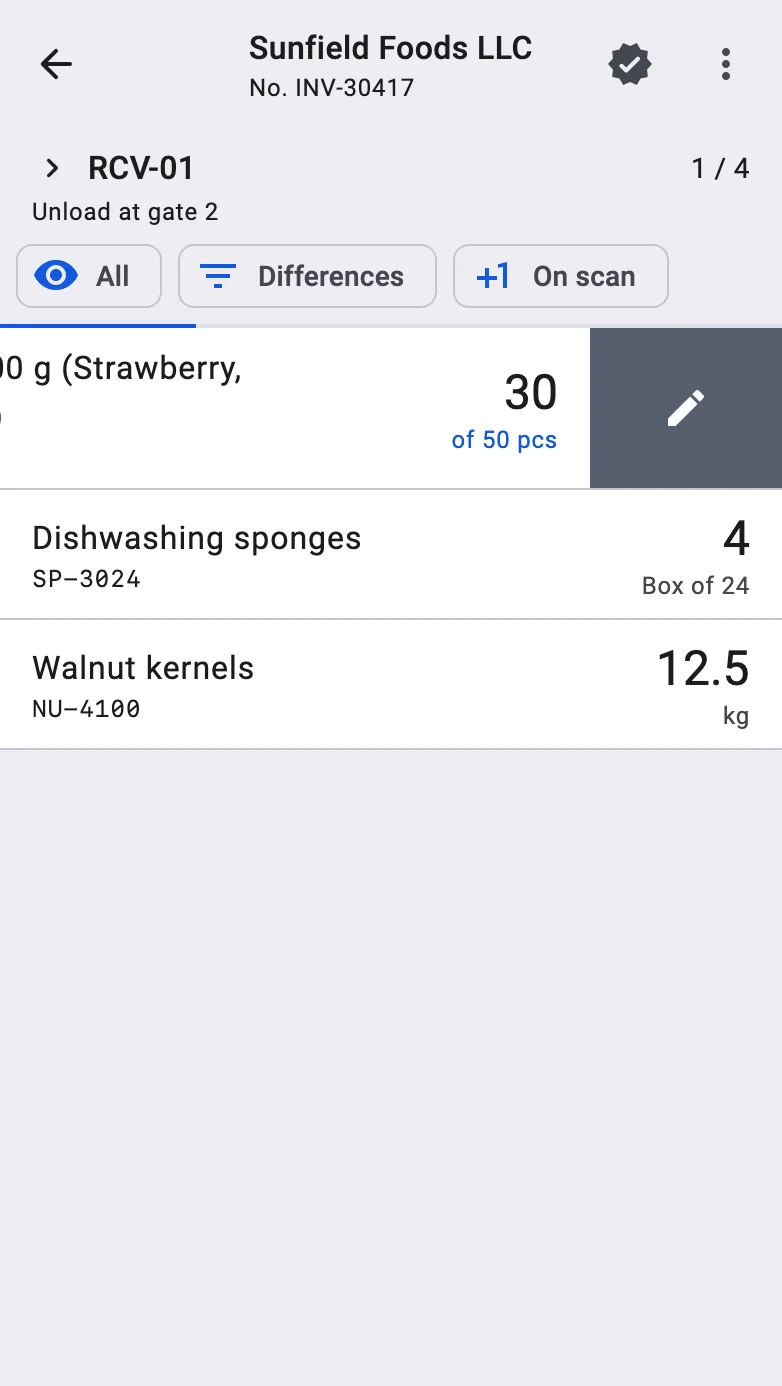 A line row swiped open, showing the Edit fact action