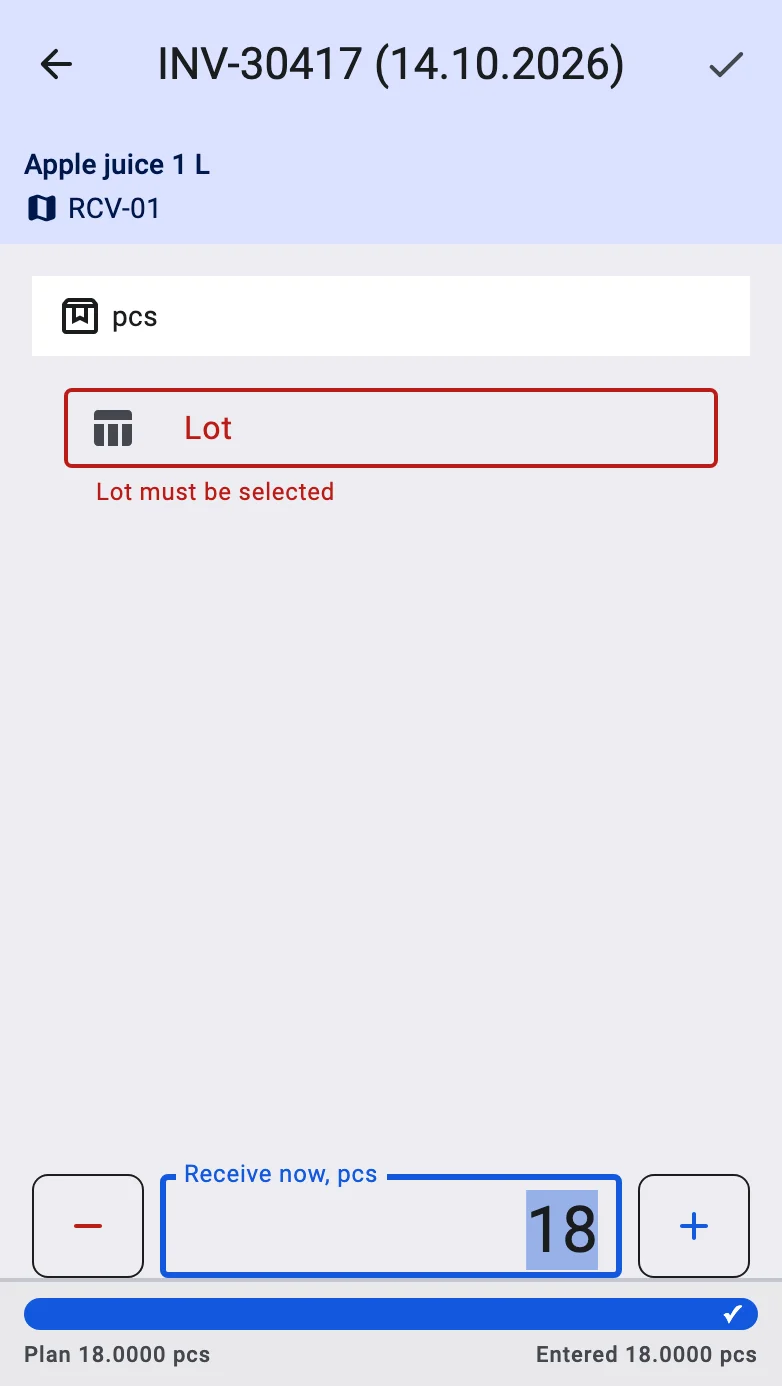The fact screen with a required field left empty and marked in red