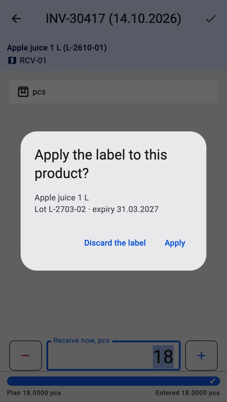 The Apply the label to this product? dialog with the product name, the label lot and dates, Apply and Discard the label