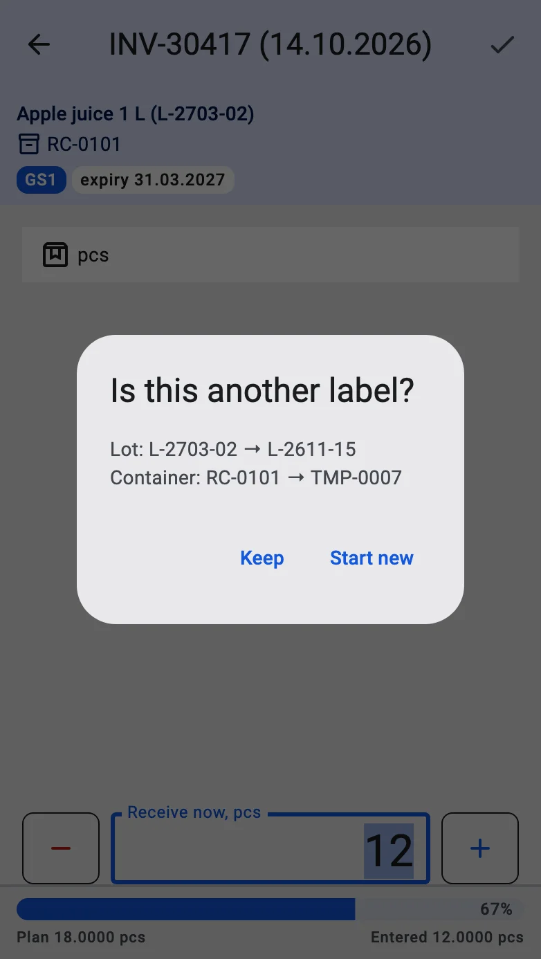 The Is this another label? dialog listing what differs, with Start new and Keep