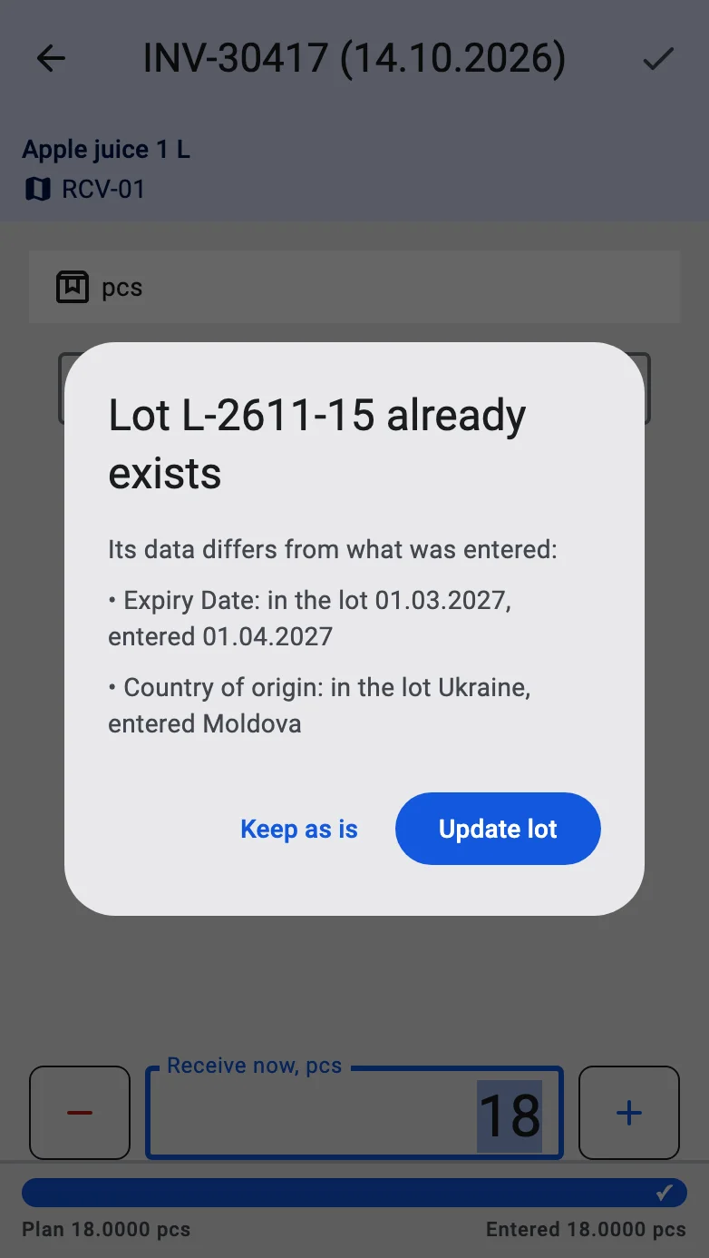 The dialog saying the lot already exists, listing the fields that differ, with Keep as is and Update lot
