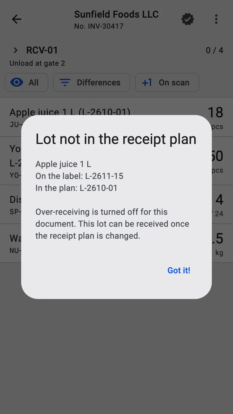 The same dialog with over-receiving turned off and the single Got it! button