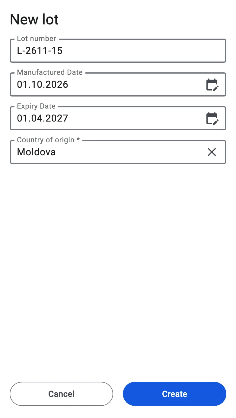 The New lot form with the lot number filled in, the two dates, a required attribute and the Cancel and Create buttons