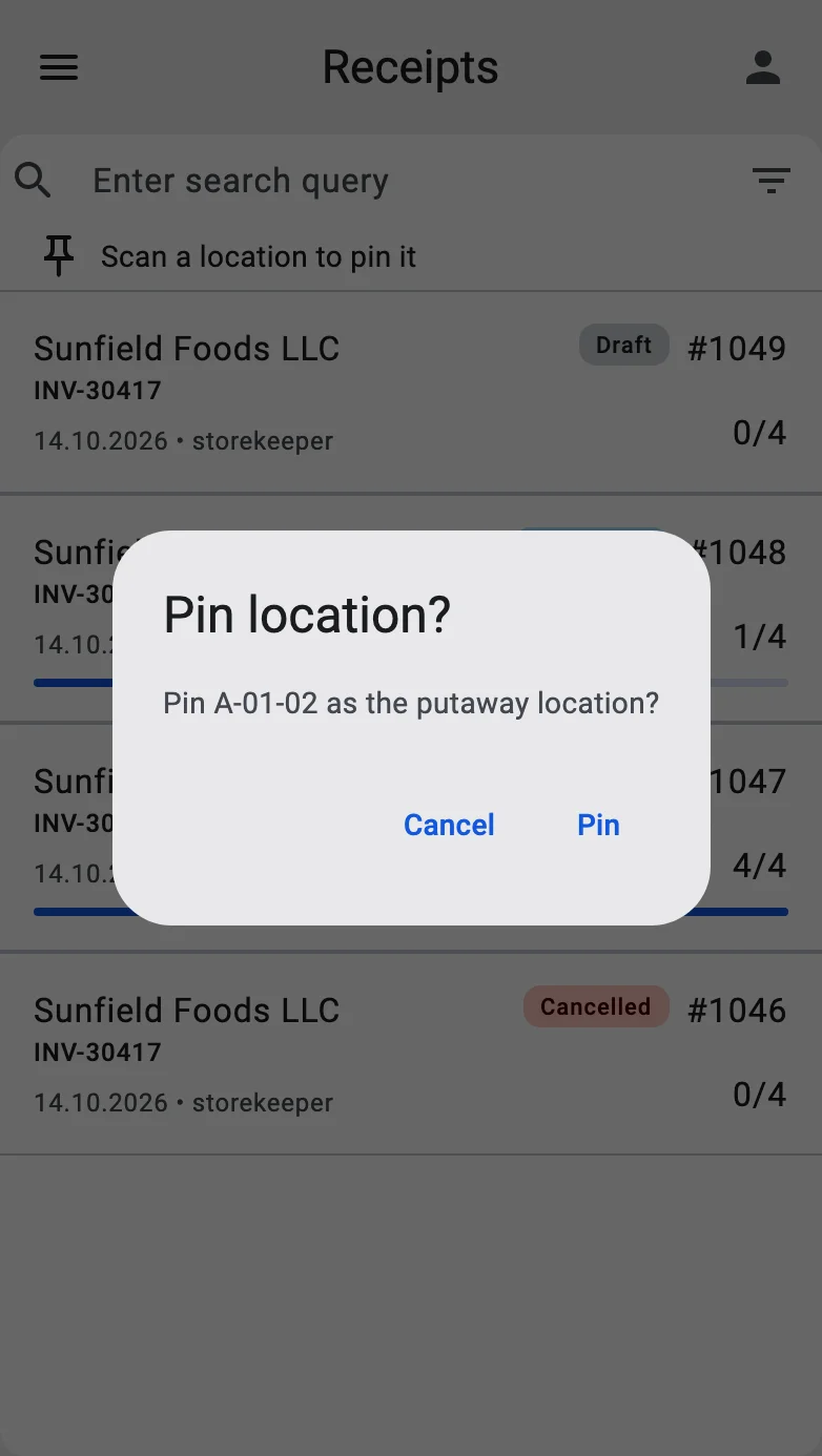 The Pin location? dialog with the scanned location code and the Pin and Cancel buttons