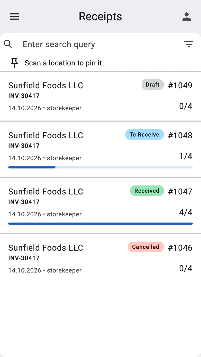 The receipt list with the empty pinned location line asking to scan a location