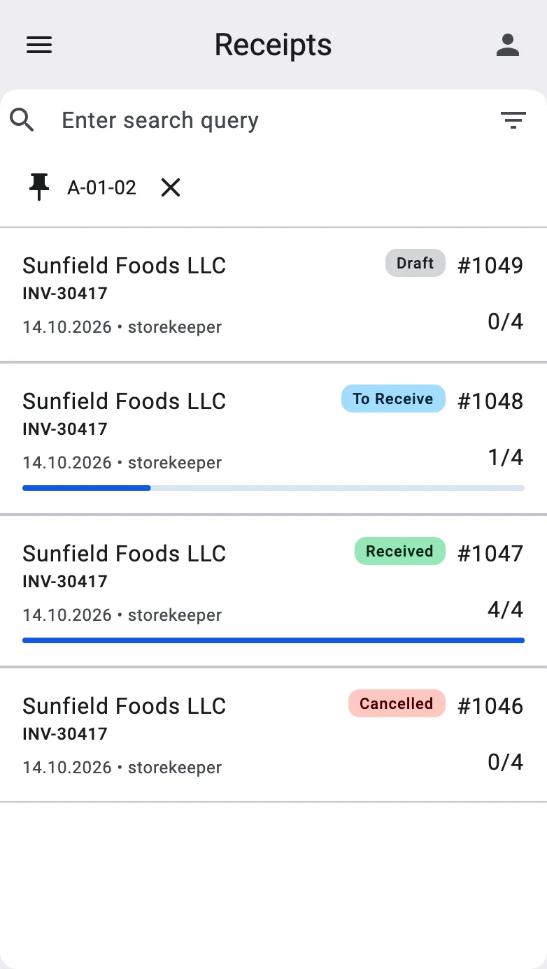 The receipt list with a location pinned: its code and the Unpin cross