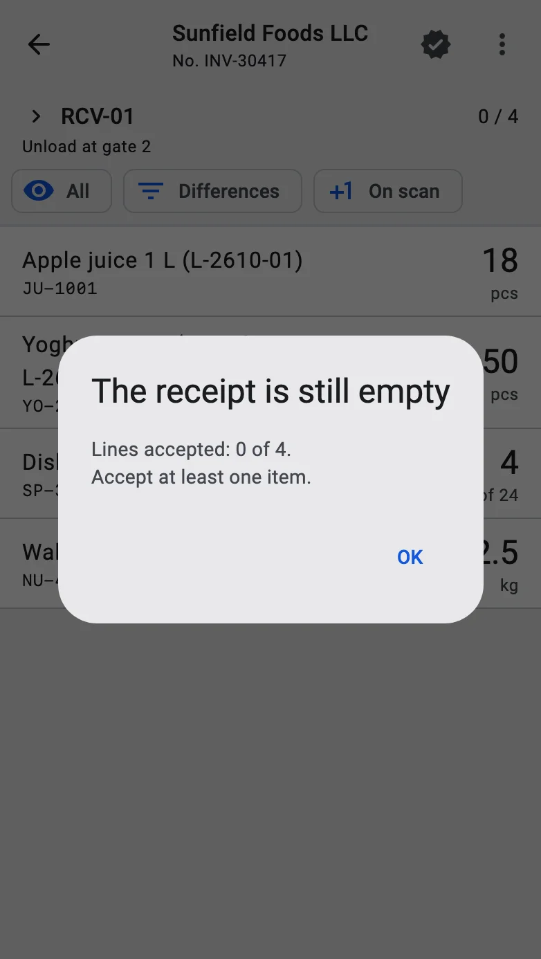 The dialog saying the receipt is still empty, with the OK button